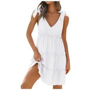 Robe éTé-Mini Robe DéContractéE sans Manches pour Femmes, Col en V, Cravate, Largeur des éPaules, Volants SuperposéS, Jupe TrapèZe Fluide, Jupe Courte, éTé