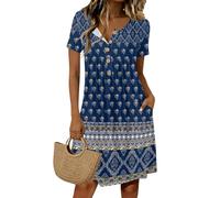 Robe évasée à manches courtes pour femme - Col en V boutonné avec poches, robe t-shirt décontractée et tendance, coupe fluide parfaite pour les silhouettes variées et les climats chauds d'été