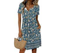 Robe évasée à manches courtes pour femme - Col en V boutonné avec poches, robe t-shirt décontractée et tendance, coupe fluide parfaite pour les silhouettes variées et les climats chauds d'été