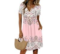 Robe évasée à manches courtes pour femme - Col en V boutonné avec poches, robe t-shirt décontractée et tendance, coupe fluide parfaite pour les silhouettes variées et les climats chauds d'été