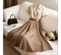 Robe évasée à taille cintrée, manches courtes et col en V, abricot et kaki. Élégante et chic pour la Saint-Valentin, Pâques, le 1er mai, les anniversaires, les rendez-vous, les fêtes, les occasions fo