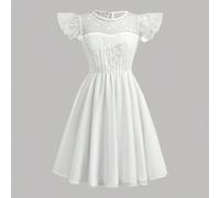 Robe évasée blanche pour enfants et préadolescentes avec manches évasées, volants, broderie et empiècement transparent. Coupe évasée élégante, convient pour demoiselle d'honneur, bal de fin d'études, 