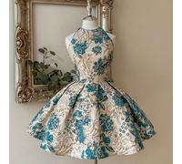 Robe évasée style jacquard de palais de luxe verte, avec encolure ras-du-cou, dos nu et croisé, convient pour les rendez-vous, les vacances, les soirées célibataires, les bals, les mariages, les remis
