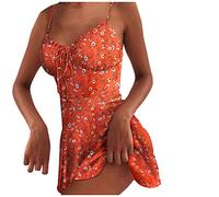 Robe Femme Été à Bretelles Volant Mini Robe de Soirée Femme Sexy Dos Nu Fleurie Robe de Plage Femme Courte Décontracté Robe de Cocktail Femme Chic sans Manches Robe Trapèze (Orange, XL)