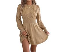 Robe femme A-line en maille, motif torsadé, élégante, encolure ronde, couleur unie, manches bouffantes, silhouette taille haute, mini-robe d'hiver, confortable et polyvalente. (Khaki,Grand)