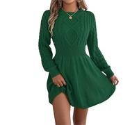 Robe femme A-line en maille, motif torsadé, élégante, encolure ronde, couleur unie, manches bouffantes, silhouette taille haute, mini-robe d'hiver, confortable et polyvalente. (Plus vert,S)