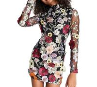 Robe Femme Broderie Florale 3D Maille Transparente À Manches Longues Col Rond Dentelle Moulante Soirée Cocktail Robe Courte, Black, XL