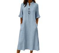 Robe Femme Chic Cérémonie Manche 7/8 Col en V Bouton Robe de Plage Chic et Elegant Longue Tunique Robes Boheme Rétro Couleur Unie LâChe Respirant Robes de Soirée Dress pour Le Travail et Le Bureau