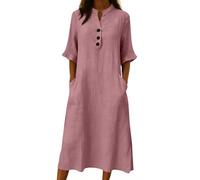 Robe Femme Chic Cérémonie Manche 7/8 Col en V Bouton Robe de Plage Chic et Elegant Longue Tunique Robes Boheme Rétro Couleur Unie LâChe Respirant Robes de Soirée Dress pour Le Travail et Le Bureau
