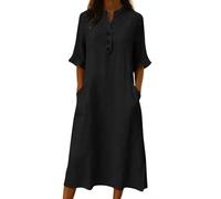 Robe Femme Chic Cérémonie Manche 7/8 Col en V Bouton Robe de Plage Chic et Elegant Longue Tunique Robes Boheme Rétro Couleur Unie LâChe Respirant Robes de Soirée Dress pour Le Travail et Le Bureau