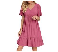 Robe Femme Chic Col V Manches Courtes éTé BohèMe Tunique Robe Ample A-Line Mi-Longue Dress Grande Taille DéContractéE Robes Couleur Unie Taille Haute Robes pour FêTer Vacances Plage
