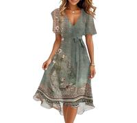 Robe Femme Chic Elegant Mi Longue Fluide Ensemble Robe Femme Vetement Boheme Fleurie Ete Femmes Printemps D'été Manche Courte Vintage Dress de Plage Bal Soiree Invitée Mariage(A Army Green,Medium)