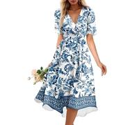 Robe Femme Chic Elegant Mi Longue Robe Femme Boheme Vetement Fleurie Portefeuille Manche Courte Femmes D'été Ensemble Moulante Chambre Dress de Plage Bal Soiree Invitée Mariage(D Blue,Large)