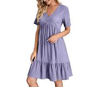 Robe Femme Chic Et Elegant Col V Manches Courtes éTé BohèMe Tunique Robe Ample A-Line Mi-Longue Dress Grande Taille DéContractéE Robes Couleur Unie Taille Haute Robes pour Plage FêTer Vacances
