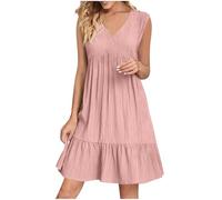 Robe Femme Chic Et Elegant Col V san Manches éTé BohèMe Tunique Robe Ample A-Line Mi-Longue Dress Grande Taille DéContractéE Robes Couleur Unie Taille Haute Robes pour FêTer Vacances Plage
