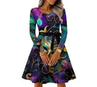 Robe Femme Chic Et Elegant Costume Carnaval - Déguisement Année 80 Manche Longue Col Rond, Robes Mi Longue Impression Chic, Dress Taille Empire Unique Bleu foncé 4XL