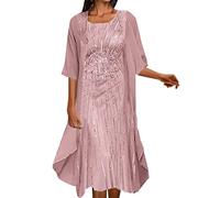 Robe Femme Chic et Elegant ete Grande Taille mi Longue Robe de Soiree Cocktail Femme Mariage invitée Ceremonie Bal de Promo Ensemble 2 Pieces Robe sans Manche + Cardigan Femme Long été (Pink, XXXL)