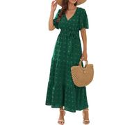 Robe Femme Chic Et Elegant Grande Taille D'été Robe Fluide Plage Courte Manches Courtes Vetement Femme Ete Boheme Coton col en V Summer Dress Vente Flash du Jour Et Soldes Vert XXL