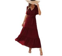 Robe Femme Chic Et Elegant Grande Taille D'été Robe Plage Chemise Courte Manches Courtes Vetement Femme Ete Coton Boheme col en V Summer Dress Vente Flash du Jour Et Soldes Rouge foncé L