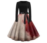 Robe Femme Chic Et Elegant Manche Longue Horreur Hiver Deguisement Halloween Femme Squelette Patchwork Sorciere Robe De Soirée Corset Populaire Ange Jupe Faucheuse Classique 2#Vermillon XL