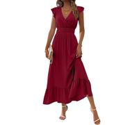 Robe Femme Chic Et Elegant Mariage D'été Robe Coton Courte sans Manches Vetement Femme Ete Boheme Chemise col en V Summer Dress Vente Flash du Jour Et Soldes Rouge S