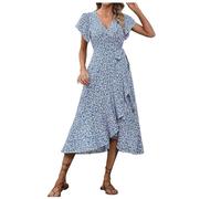 Robe Femme Chic et Elegant Mi Longue Femme Manches Courtes Col V Robe Bohème Imprimé Floral Ete Loose Rétro Maxi Robes de Bal Soirée Plage Vacances Dress décontractée Dress with Waist Tie F407B