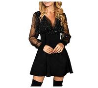 Robe Femme Chic et Elegant Mini Robe Femmes Decontractée A-Line Ample Robe Sexy Col en V Paillettes Gaze Courte Robes de Soiree Bal Femme Élégante Cocktail Club Fête fashion Robes strass et paillettes