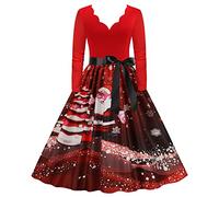 Robe Femme Chic Et Elegant Noel,Robe Rockabilly Grande Taille À Manches Longues Costume Noël Imprimé Décontractée Retro Glamour Dress Mi Longue Trapèze pour Cérémonie Mariage Fête Soirée