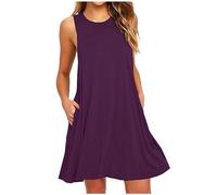 Robe Femme Chic et Elegant Pas Cher Col Rond Dress d'été sans Manches de Couleur Unie à Poche Enveloppante à col Rond Été Dress de Plage Fluide Grande Taille Swing Décontractée Solde
