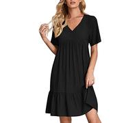 Robe Femme Chic Et Elegant Pas Cher Robe Mi Longue en Lin Et Coton Femme Manche Courte Col en V Grande Taille à Volants Ample Décontractée Plage (Le Noir, M)
