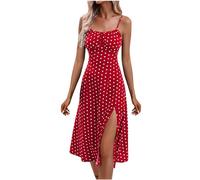 Robe Femme Chic Et Elegant Robe Boho D'éTé Bretelles Spaghetti sans Manches Robes Imprimé Polka Dot Robes Plage Dos Nu Longue Maxi Dress Avant Fourche Swing Jupe pour SoiréE Mariage FêTe