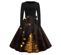 Robe Femme Chic et Elegant,Robe Noel Femme,Women's Christmas Dress Long Sleeve New Year's Maxi Dresses A Line Dress Christmas Printed Dress Festive Dresses for Women De Soirée Courte (Gold, XXL)