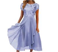 Robe Femme Chic Et Elegant Rouge Robe Longue en Mousseline De Soie Et Dentelle Grande Taille Belle Robe Manches Courtes Col en V Robe D'été Fluide Style De Vacances Fête Boho Plage Eté