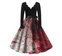 Robe Femme Chic Et Elegant Soiree Creepy Pumpkin Dress Princesse Gothique Dresses Vintage Sorcière Deguisement Fête Soirée Costume Sexy Vampire Robe Déguisements(1-Vermilion,M)