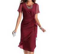 Robe Femme Chic et Elegant Tunique Robe de Cérémonie pour Femme Ronde Manches Courtes Chiffon de Soirée de Cocktail Mariage Luxe pour Mariage Warp de Bal Longue Robes Business 03-Vin Rouge M