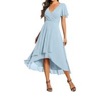 Robe Femme Chic et Elégante pour Mariage - Robes de Cérémonie High-Low en Mousseline à Manches Papillon - Robe de Soirée Coupe Trapèze Fluide Col V Couleur Unie