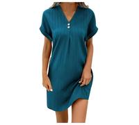 Robe Femme Col en V Robe Été Robe Chic et Elegant Col Boutonné Robe Manches Courtes Décontracté A-Linie Swing Robe de Plage Couleur Unie Léger et Respirant Robe Midi Longue Tunique Fluide Robe