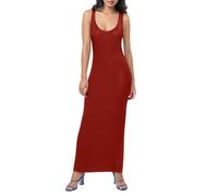 Robe Femme Col en V sans Manches Décontractée Plage Robes Chic et Elegant Été Couleur Unie Mini Longue Tunique Shirt Babydoll Dress Bikini Cover Up Tunique Cardigan Pas Cher (Red, M)