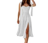 Robe Femme Col Rond - Femmes Été Fronde Doux Floral sans Manches Taille Haute Sexy Robe Fendue Long Dresser