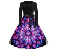 Robe Femme Col Rond Manches Longues Évasée Imprimé Halloween Taille Marquée