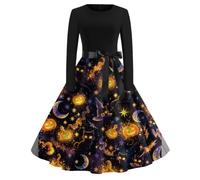 Robe Femme Col Rond Manches Longues Évasée Imprimé Halloween Taille Marquée