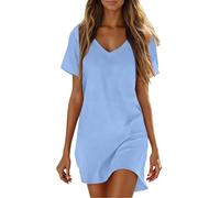 Robe Femme Coton et Lin D'été Col V Manche Courte Robes Mi-Longue Décontractée Boheme Couleur Unie LâChe Respirant Robes Trapèze Confortable Grande Taille Vacances à la Plage Maxi Dress Soiree
