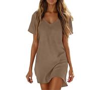 Robe Femme Coton et Lin D'été Col V Manche Courte Robes Mi-Longue Décontractée Boheme Couleur Unie LâChe Respirant Robes Trapèze Confortable Grande Taille Vacances à la Plage Maxi Dress Soiree