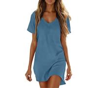 Robe Femme Coton et Lin D'été Col V Manche Courte Robes Mi-Longue Décontractée Boheme Couleur Unie LâChe Respirant Robes Trapèze Confortable Grande Taille Vacances à la Plage Maxi Dress Soiree