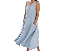 Robe Femme Cotton en Line Col en V sans Manches avec Poches Robes ÉTé Pas Cher Grande Taille Maxi Robe LâChe Couleur Unie BohèMe Mi-Longue Dress pour FêTer Vacances Plage SoiréE Mariage