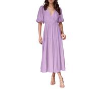 Robe Femme Décontractée Viscose Confortable Tous Les Jours Col V Coupé Fluide Idéale Maison Saisons Printemps Été Automne Garde-Robe Essentielle Facile Entretien Lavage Main Mode Élégante (Purple, XL)