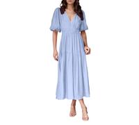Robe Femme Décontractée Viscose Confortable Tous Les Jours Col V Coupé Fluide Idéale Maison Saisons Printemps Été Automne Garde-Robe Essentielle Facile Entretien Lavage Main Mode Élégante (BU1, M)