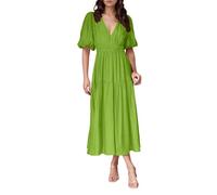 Robe Femme Décontractée Viscose Confortable Tous Les Jours Col V Coupé Fluide Idéale Maison Saisons Printemps Été Automne Garde-Robe Essentielle Facile Entretien Lavage Main Mode Élégante (GN3, S)