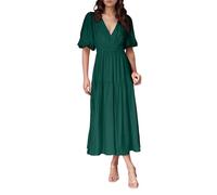 Robe Femme Décontractée Viscose Confortable Tous Les Jours Col V Coupé Fluide Idéale Maison Saisons Printemps Été Automne Garde-Robe Essentielle Facile Entretien Lavage Main Mode Élégante (GN1, S)