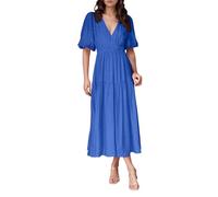 Robe Femme Décontractée Viscose Confortable Tous Les Jours Col V Coupé Fluide Idéale Maison Saisons Printemps Été Automne Garde-Robe Essentielle Facile Entretien Lavage Main Mode Élégante (BU2, XL)